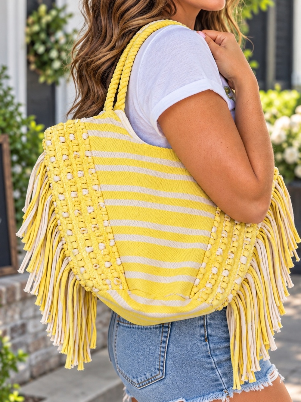 Boho Fringe Striped Tote Bag in Yellow